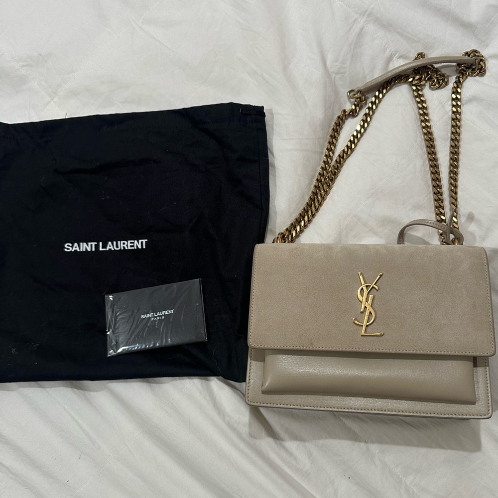 Saint Laurent Taupe/Cream Suede Sunset Bag